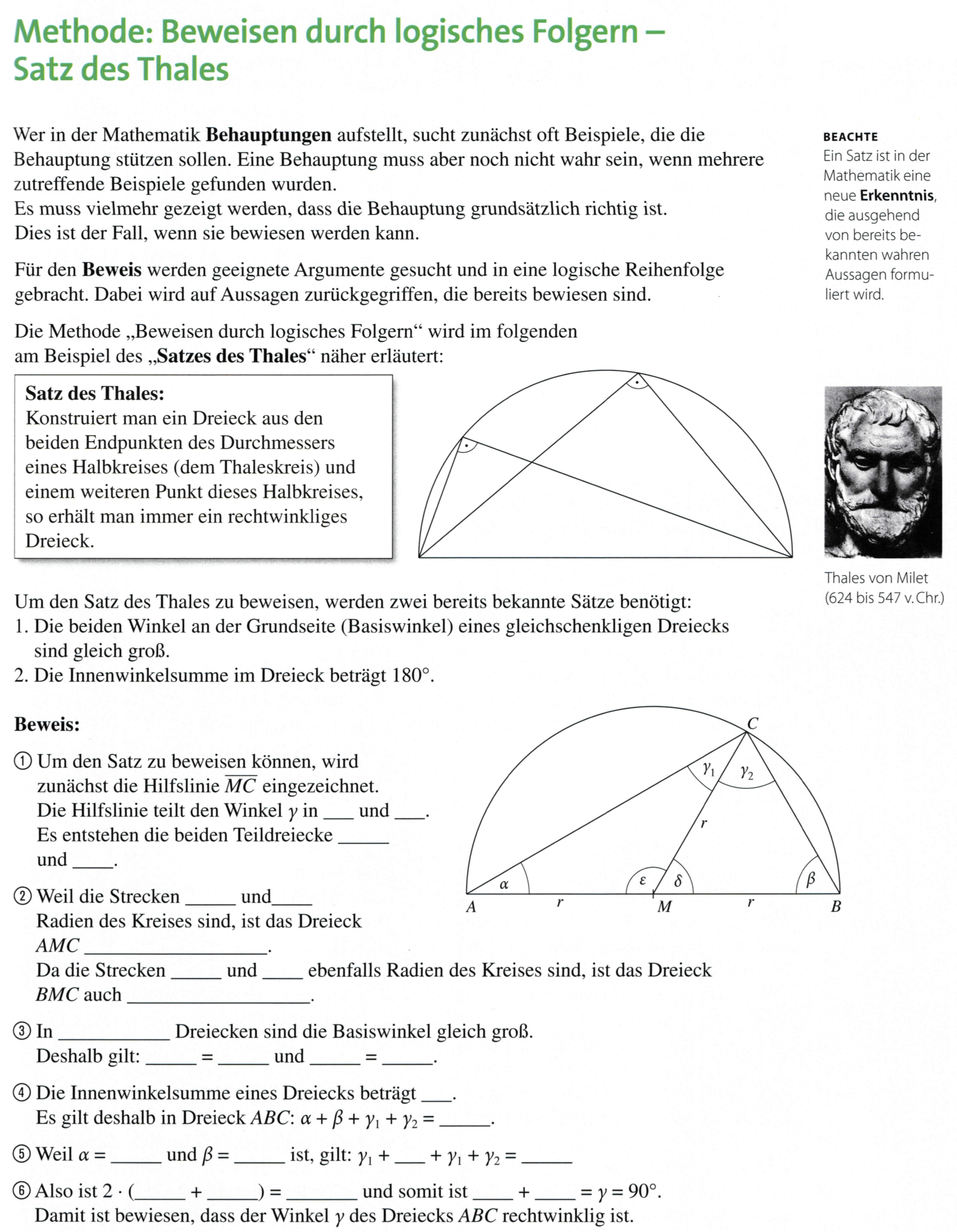 Lückentext-Beweis des Satz des Thales (Wennekers, 2016, S. 173)