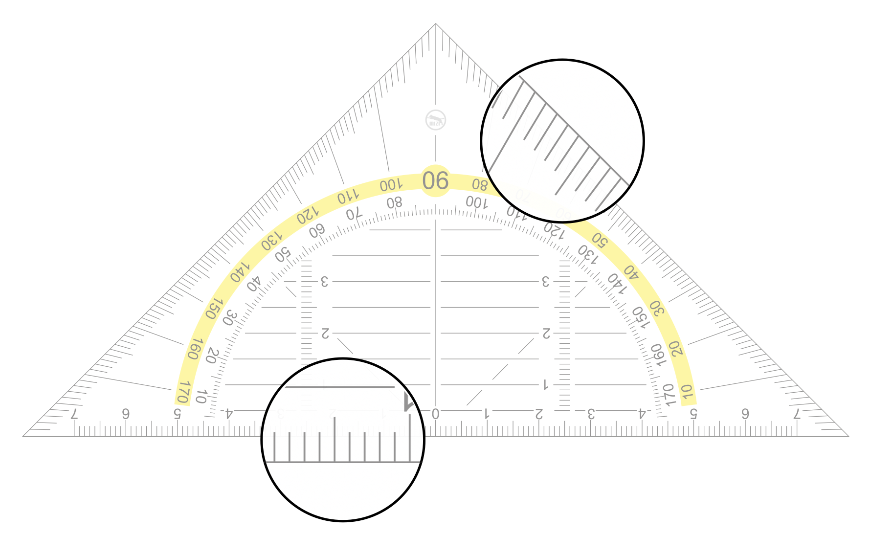 Längen- und Winkelmessung mit dem Geodreieck (Original-Geodreieck: Michael Zimmermann, Public domain, via Wikimedia Commons, https://commons.wikimedia.org/wiki/File:Set_square_Geodreieck.svg)